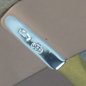 May include: Close-up of a silver metal tag with the inscription "925" on a brown leather surface.