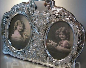 Massiver 925 Sterling Doppel Fotorahmen Bilderrahmen Portraitrahmen Antik Vintage Finish Viktorianisch mit Gravurfeld