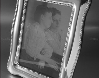 10 x 13 cm outside - Very fine Photograph Frame-Chippendale and double pearl rimmed-rare exclusive design-925 Sterling Silver-Mahagoni Back
