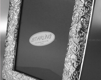 6x9 -Fotorahmen Solid Sterling Silver 925–Antique vintage Finish–Victorian gaufré & Gravure Field–Mahagoni Holzrücken–Fotomaß 6×9 cm