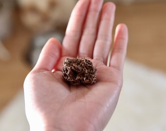 May include: A close-up of a small, dark brown, irregularly shaped rock. The rock is being held in the palm of a hand.
