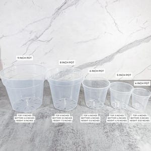 May include: A set of five clear plastic plant pots of varying sizes. The largest pot is 9 inches in diameter at the top, and the smallest is 4 inches. Each pot has drainage holes at the bottom.