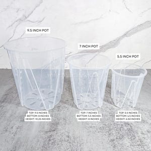 May include: Three clear plastic plant pots of different sizes. The largest pot is 9.5 inches in diameter, the middle pot is 7 inches in diameter, and the smallest pot is 5.5 inches in diameter. The pots have a textured surface and a drainage hole at the bottom. The text on the image reads: "9.5 inch pot", "7 inch pot", "5.5 inch pot", "TOP: 9.5 inches", "BOTTOM: 8 inches", "HEIGHT: 10.25 inches", "TOP: 7 inches", "BOTTOM: 5.5 inches", "HEIGHT: 8 inches", "TOP: 5.5 inches", "BOTTOM: 4.5 inches", "HEIGHT: 6.50 inches".