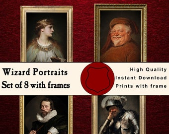 Wizard Portraits with frames | SET OF 8 | Magical Party Harry Wizard School Classroom Decor | Printable Digital Download (E)