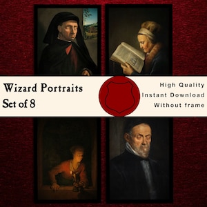 以下が含まれることがあります： 魔法使いの肖像画が描かれたデジタルアートプリント8枚セット。高画質で、すぐにダウンロードできます。画像の下には「Wizard Portraits Set of 8」というテキストが表示されています。