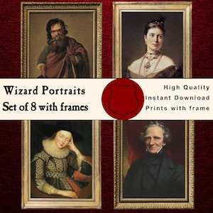 May include: Set of eight vintage wizard portraits with ornate gold frames. The portraits are of people in various poses and clothing. The portraits are high quality and available for instant download. Prints with frame.