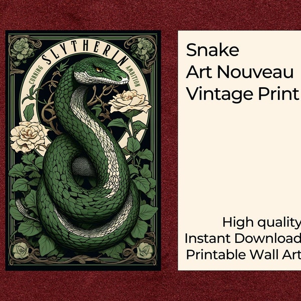 Serpent Art Nouveau | House Pride Vintage Art Print | Magical Wizard School Wall Decor | Digital Download