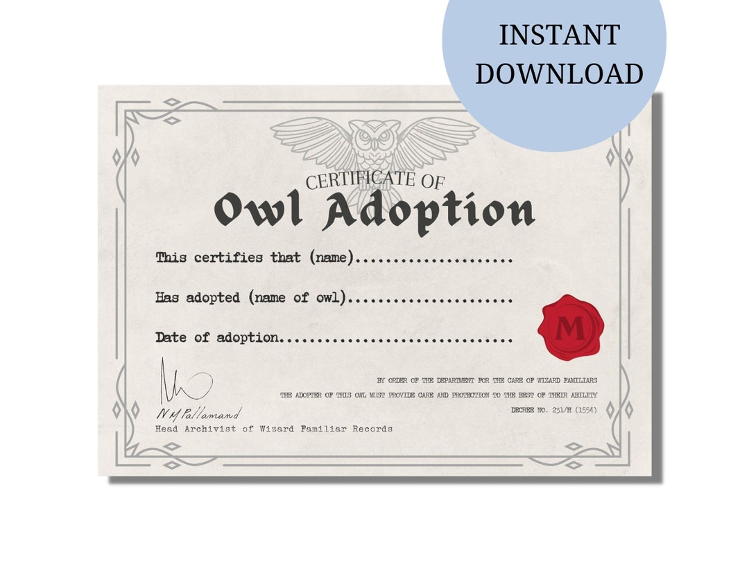 Owl Adoption Certificate | Printable Digital Download | Magical Party Printable Decor or Gift - Etsy