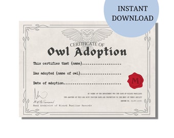 Owl Adoption Certificate | Printable Digital Download | Magical Party Printable Decor or Gift