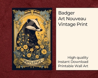 Badger Art Nouveau | House Pride Vintage Style Original Art Print | Harry Magical Wizard School Decor | Digital Download