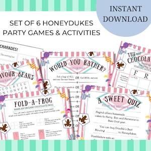 May include: A set of six printable Harry Potter themed party games and activities featuring Honeydukes candy. The games include charades, a word search, a would you rather game, a fold-a-frog origami activity, a chocolate frog game, and a sweet quiz.