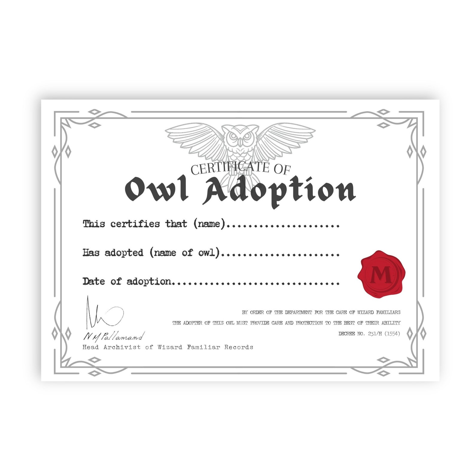 Owl Adoption Certificate Printable Digital Download | Etsy