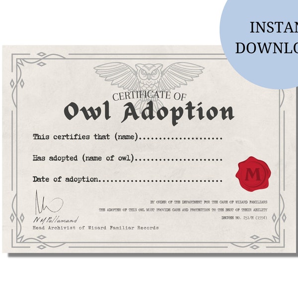 Owl Adoption Certificate | Printable Digital Download | Magical Party Printable Decor or Gift