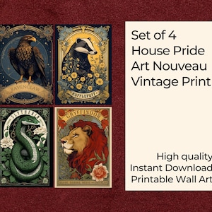 4er Set Jugendstil | House Pride Vintage Wand Kunstdruck | Harry Magischer Zauberer Schule Dekor | Digitaler Download