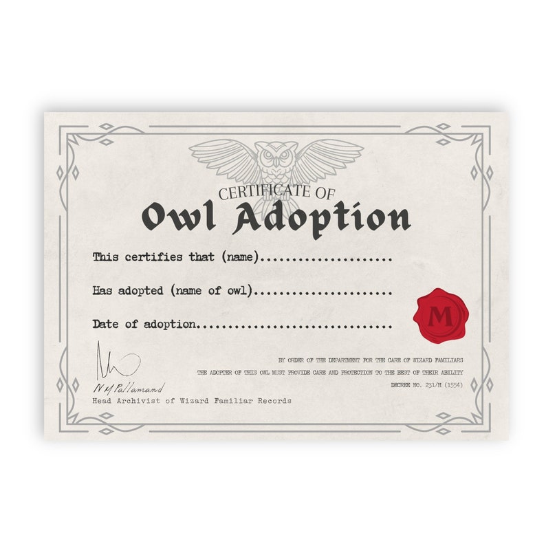 Owl Adoption Certificate Printable Digital Download | Etsy