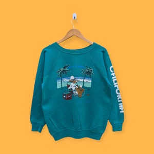 vintage Califórnia pato grande imagem moletom pato praia gola redonda pato personagens de desenho animado suéter pulôver streetwear cor verde médio