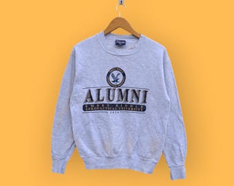 Moletom vintage desgastado dos anos 90 da universidade aeronáutica Embry Riddle, suéter de gola redonda da faculdade Embry Riddle, cor cinza, tamanho pequeno
