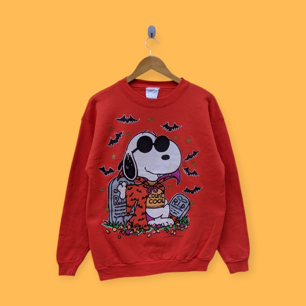 Vintage 90S Halloween Snoopy Big Image Sweatshirt Halloween Pumpkin Crewneck Halloween Costume Party Sweater Pullover Orange Colour Large Fashion24Hs