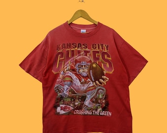 vintage sunfaded 90s Kansas city chiefs artwork big image red colour size large promo t-shirts