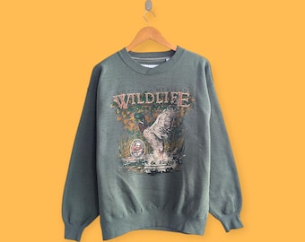 Vintage des années 90 faune nord-américaine sweat oiseau canard huards col rond oies volantes pull streetwear couleur verte taille grande