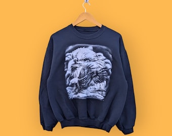 bluza z nadrukiem vintage lat 90. amerykańska bluza z nadrukiem outdoor outfitters sweter z okrągłym dekoltem orzeł bielik zwierzę ładny czarny kolor rozmiar średni