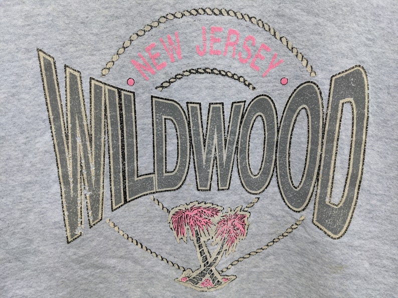 May include: Gray sweatshirt with a distressed graphic print of "Wildwood, New Jersey" in a rope circle with palm trees underneath.
