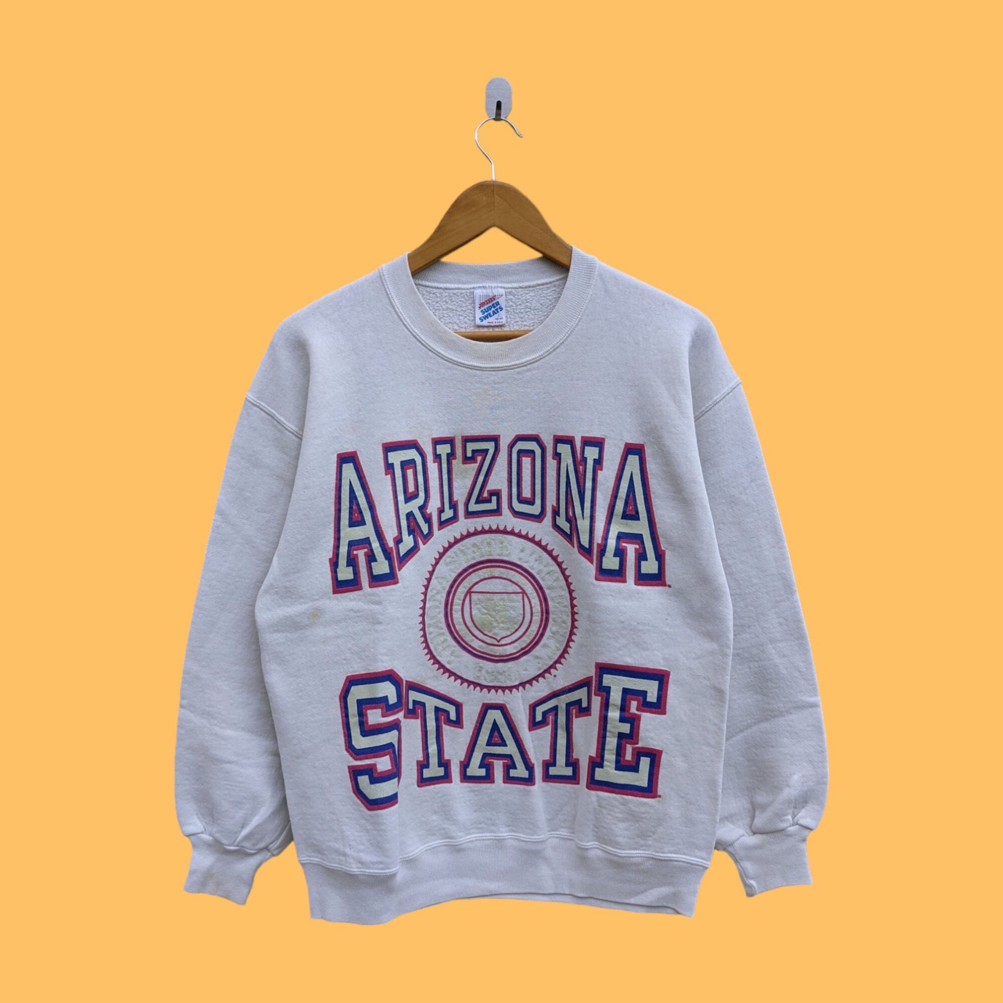 90s カレッジロゴスウェット USA製 L イエロー アリゾナ州立大学 ヴィンテージ 90 年代 アリゾナ大学 スペルアウト スウェットシャツ  アリゾナ大学 クルーネック セーター プルオーバー カレッジスタイル ホワイトカラー サイズ ミディアム - Etsy 日本