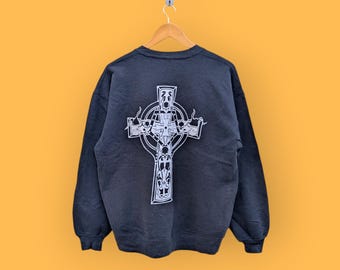 90年代のヴィンテージ、ダメージ加工、クリスチャン・フレッチャーのビッグロゴスウェットシャツ、クリスチャン・フレッチャーのクルーネックセーター、プルオーバー、サーフィン、ブラック、カラー、サイズ：L