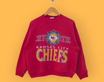 Sudadera vintage de los Kansas City Chiefs de los años 90, cuello redondo, color rojo, talla grande.