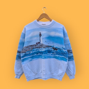 vintage 90s morning sun lighthouse full print sweatshirt morning sun crewneck morning sun sweater pullover nice white blue colour size large