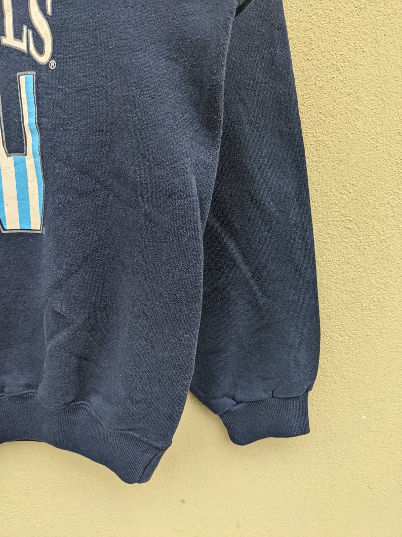 May include: A dark blue sweatshirt with a graphic of a bottle with blue and white stripes and the text "S" and "LS" on the front.