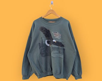 bluza z nadrukiem orła bielika amerykańskiego z lat 90., bluza z okrągłym dekoltem z orłem bielikiem amerykańskim, sweter z okrągłym dekoltem, odzież outdoorowa, zielony, rozmiar x-large