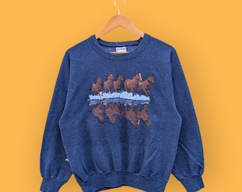 vintage 90s  galloping horses mirage reflection sweatshirt horse crewneck animal habitat sweater pullover streetwear blue colour size medium