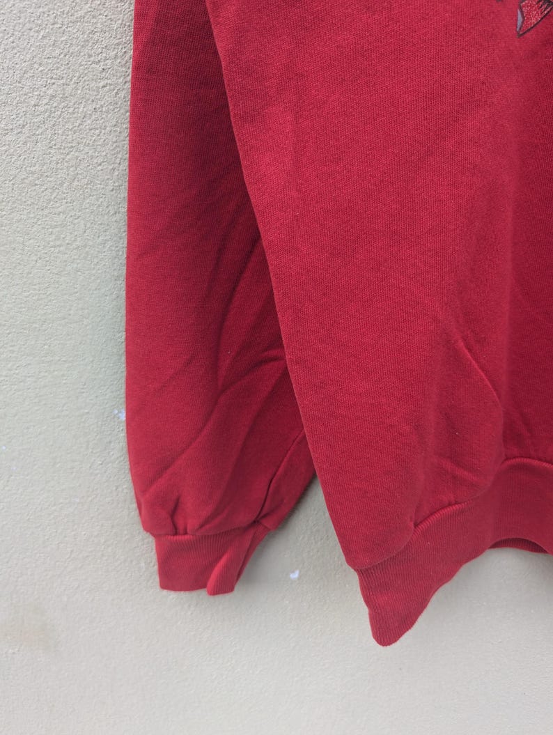 May include: A red long-sleeved sweatshirt with a ribbed cuff.