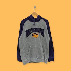 Northern Iowa university embroidered logo hoodie northern Iowa university sweater pullover college style gray purple colour size medium