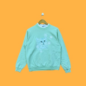 Vintage 90er Jahre Morgensonnenkatzen Sweatshirts Morgensonnenkatzen Rundhalsausschnitt Morgensonnenkatzen Pullover Pullover hellgrüne Farbe Größe Medium