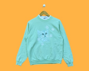 Vintage 90s morning sun cats sweatshirts morning sun cats crewneck morning sun sweater cute graphics pullover light green colour size small
