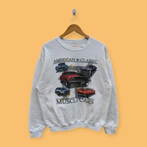 ヴィンテージ 90 年代 アメリカン クラシック スウェットシャツ マッスルカー クルーネック レーシング レースカー セーター プルオーバー ストリートウェア スタイル 素敵なホワイトカラー サイズ L