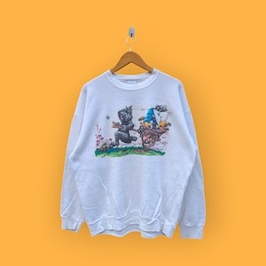 vintage jaren 90 trekwagen met puppy's artwork tekening sweater terriërs honden ronde hals trui trui schattig grafisch witte kleur x-large