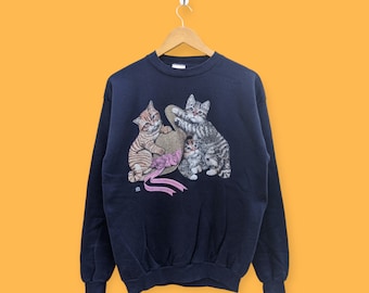 vintage 90s cat kitten big image sweatshirt cute graphics crewneck animal habitat cotton groove sweater pullover blue colour size medium