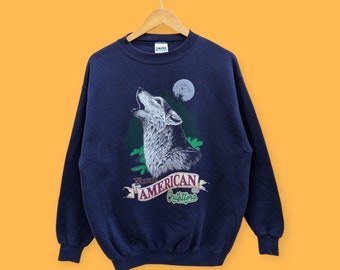 vintage anni '90 North American Outfitters felpa girocollo lupo fauna selvatica lupi ululanti girocollo maglione animale pullover blu taglia media