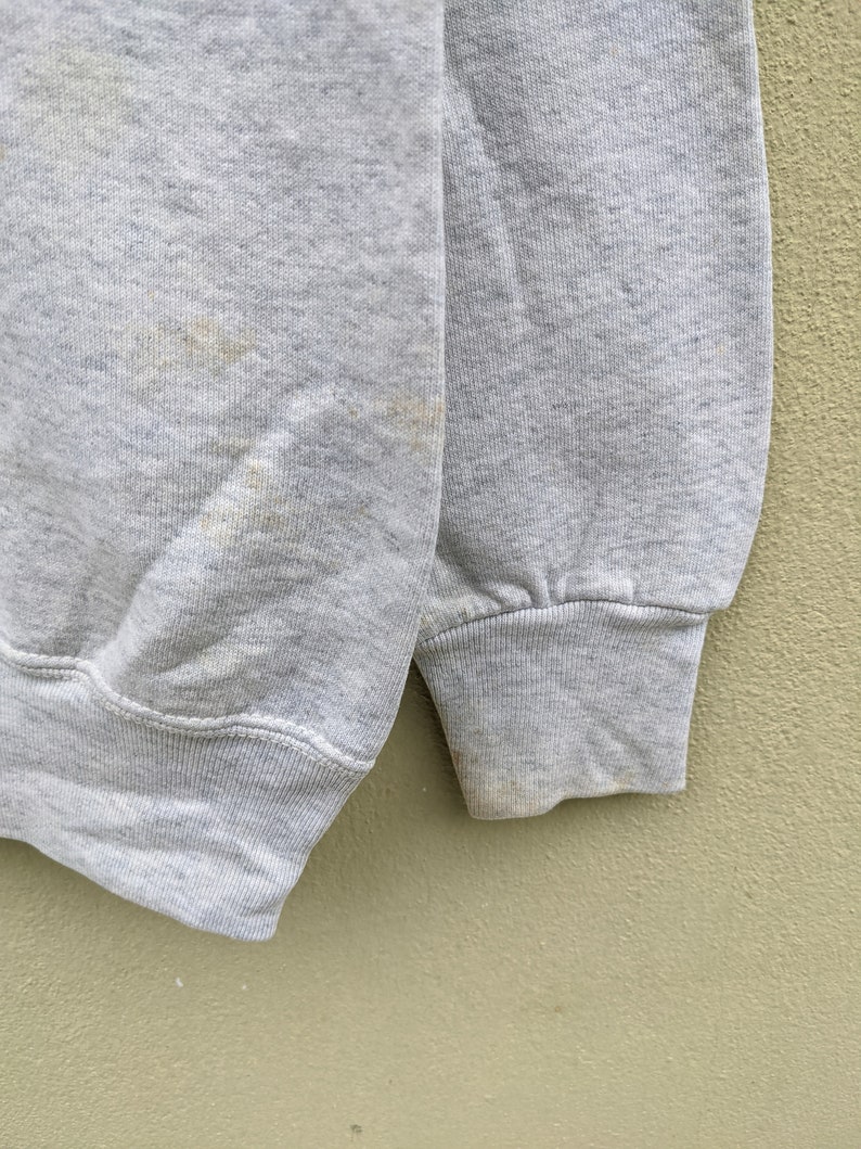 May include: A gray sweatshirt with a ribbed cuff. The sweatshirt has a few light brown stains.