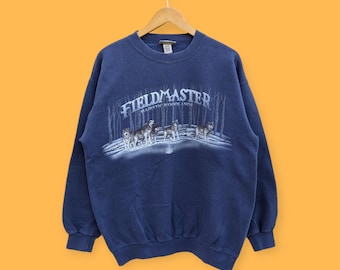 felpa vintage north American outfitters fieldmaster girocollo lupo lupi fauna selvatica ululato maglione pullover animale colore blu medio
