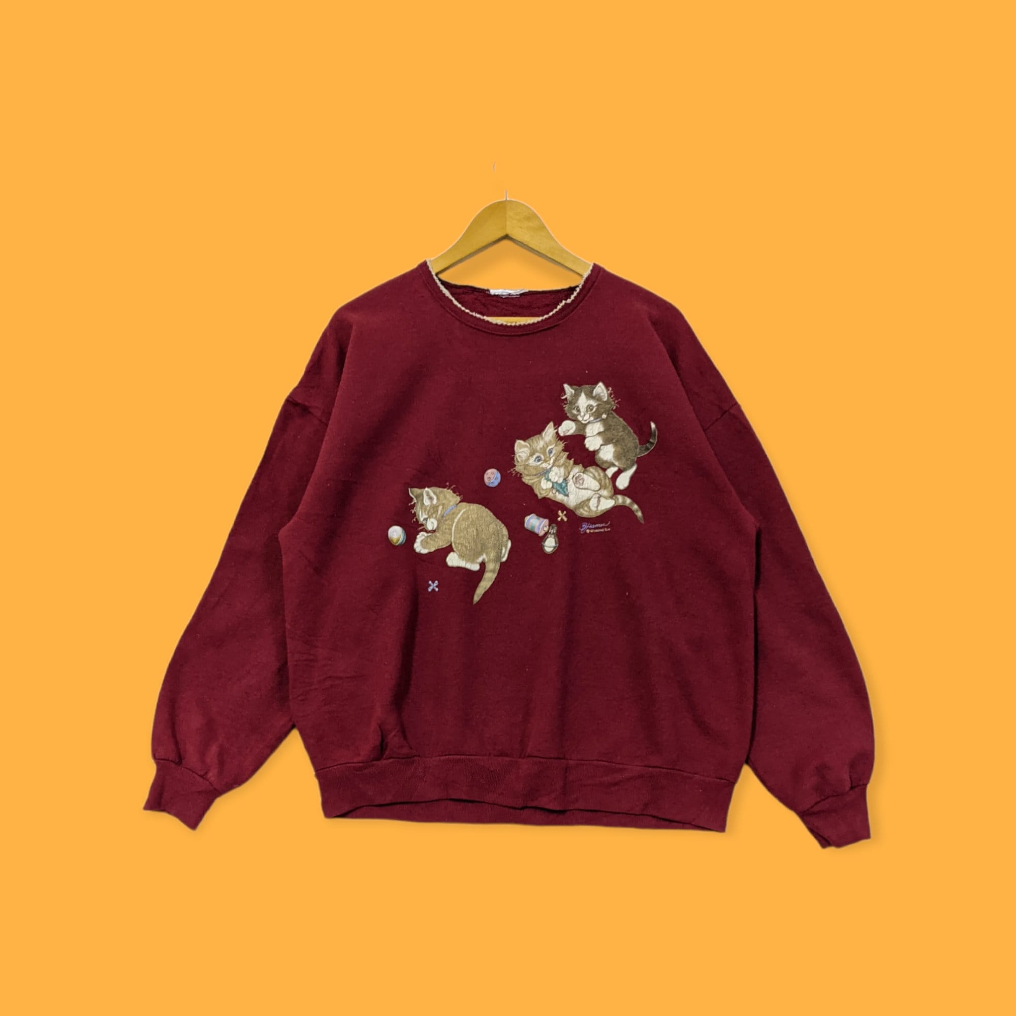Vintage morning suns car kitten sweatshirt morning suns crewneck morning suns sweater pullover streetwear style maroon colour size large
