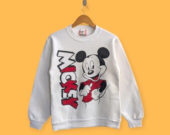 Bluza z nadrukiem lustrzanym Myszki Miki z lat 90., sweter z okrągłym dekoltem i Myszką Miki, w stylu ulicznym, w kolorze białym, rozmiar S