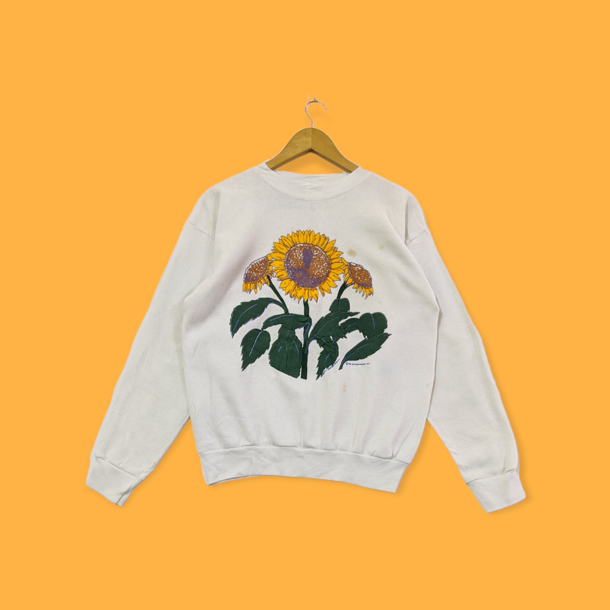 Vintage 90s sunflower big image sweatshirt sunflower crewneck sunflower sweater pullover streetwear style nature habitat white size large