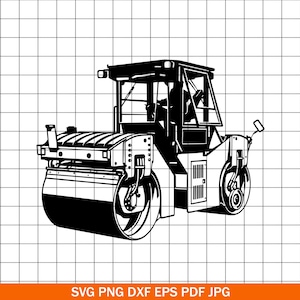 Op de afbeelding: Zwart-wit illustratie van een wals. De wals heeft een cabine, een grote voorrol en kleinere achterwielen. De tekst "SVG PNG DXF EPS PDF JPG" staat onderaan de afbeelding.