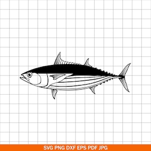 May include: A black and white illustration of a tuna fish. The fish is depicted in profile, with detailed lines showing its fins, gills, and body stripes. The image is set against a grid background.