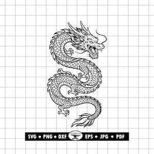 Asian Dragon SVG PDF PNG, Chinese Dragon Tattoo Design: Cut File for Cricut & Laser
