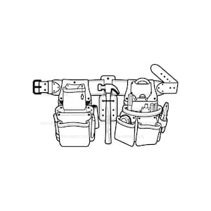 Pode incluir: Uma ilustração de arte linear em preto e branco de um cinto de ferramentas resistente com vários bolsos de armazenamento, um suporte central para martelo com um martelo e uma alça com fivela ajustável para prender o cinto.